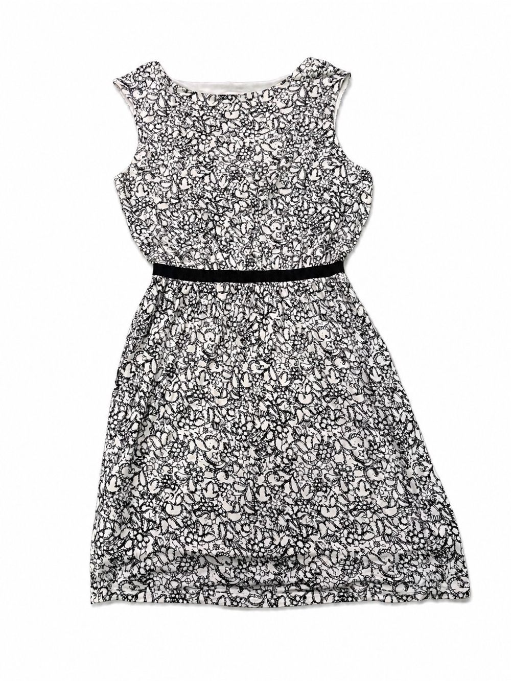 LOFT Black and White Floral Belted Midi Dress